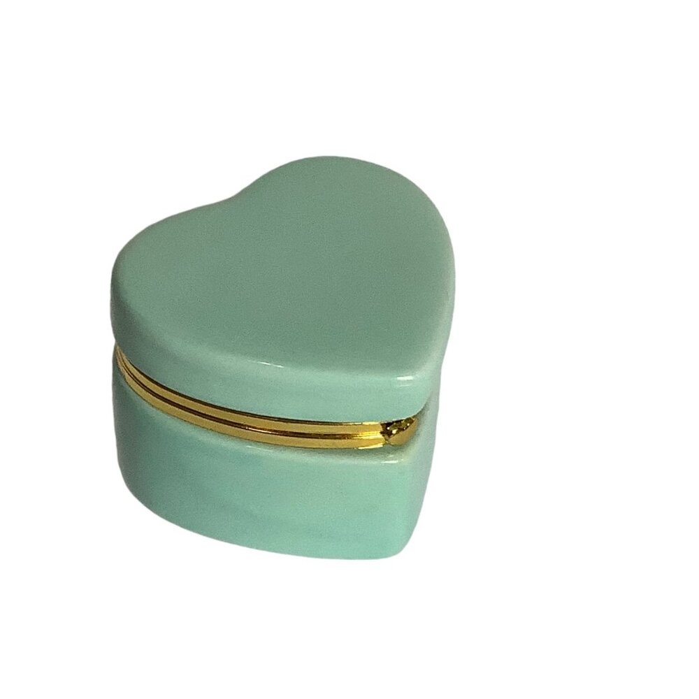 Heart Shaped Ceramic Trinket Box Teal Green 3.5" x 3"‎ x 2.5" Gold Trim